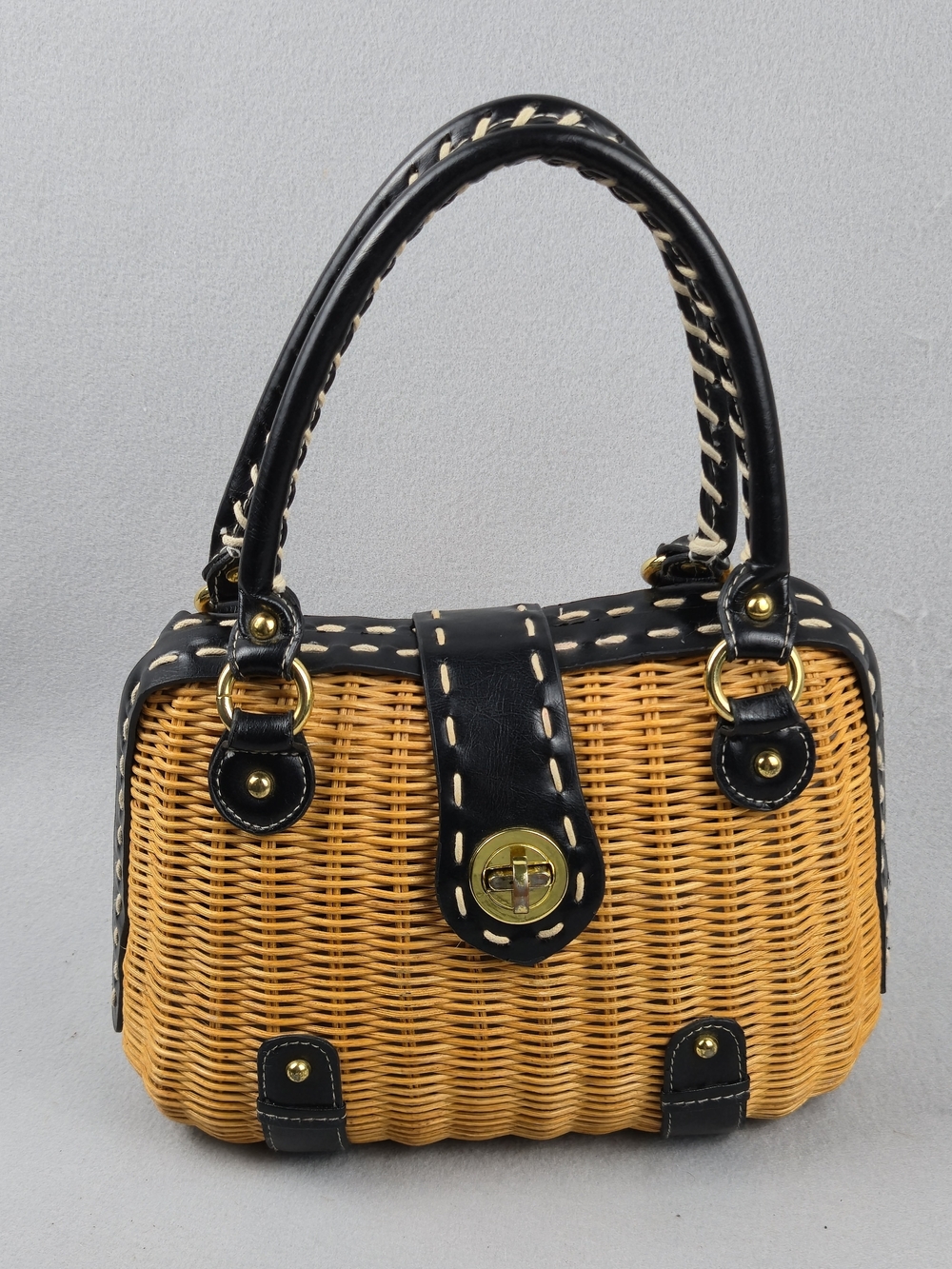 Woven Wicker Satchel Bag Black Leather Trim Turn Lock
